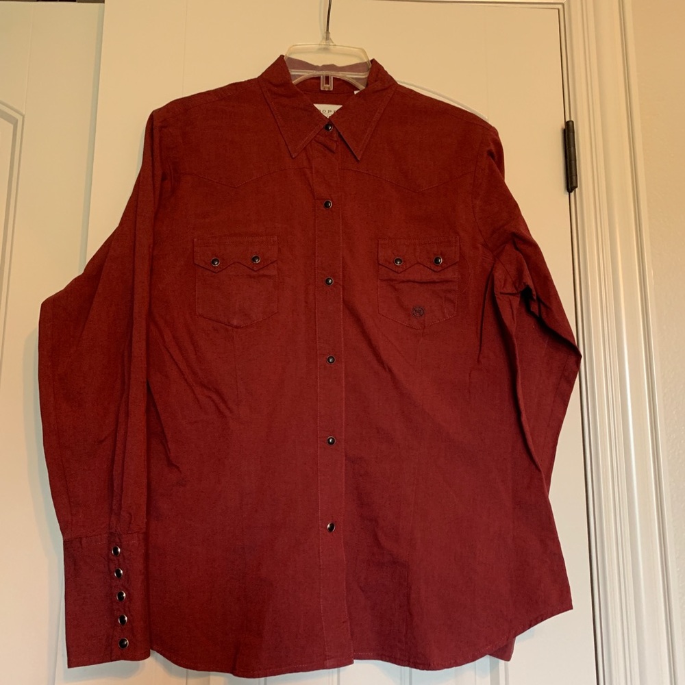 Ladies Maroon Roper Pearl Snap Blouse. Vintage.